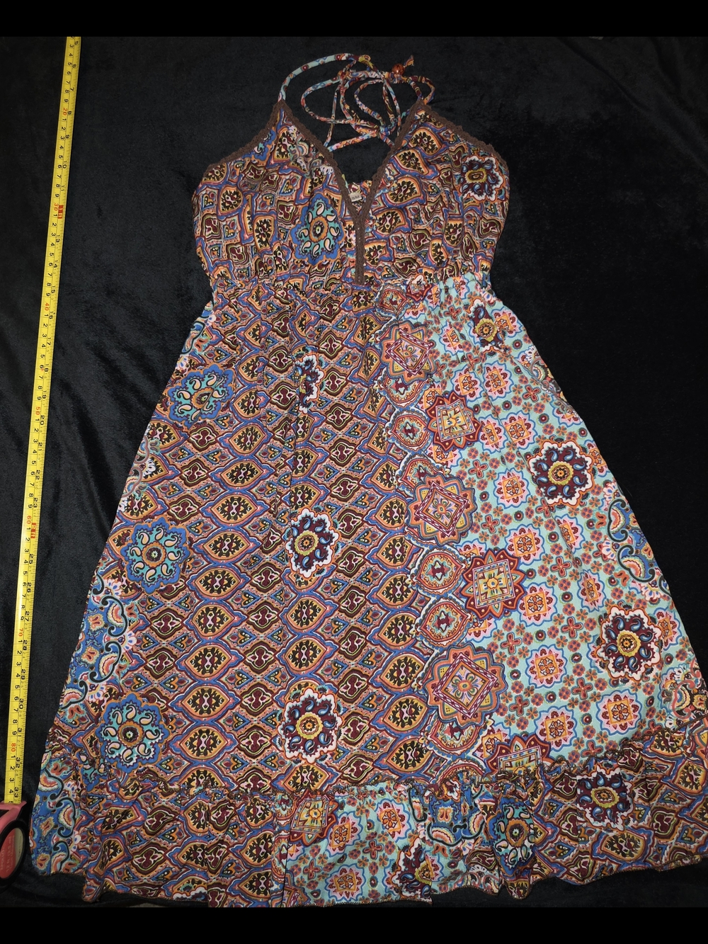 Urban Nomad Boho Mixed-Print Halter Dress in Turquoise, Rust & Pink